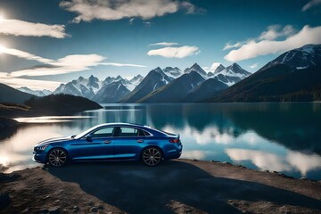 A luxury sedan parked beside a serene alpine lake with snow-capped mountains in the background. - obrazy, fototapety, plakaty