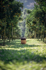A basket in the orchard or orange garden.