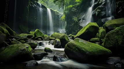 Raamstickers waterfall in the middle of a tropical forest with mossy rocks. natural natural scenery © nomesart