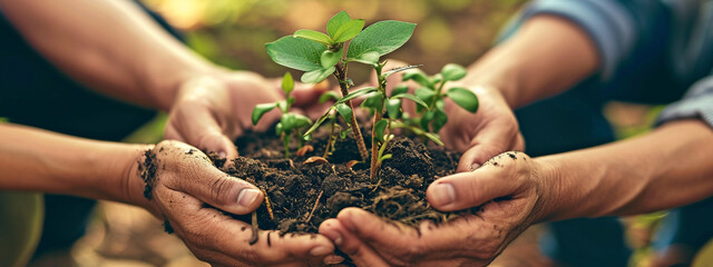 Fototapeta premium people holding a seedling close-up.