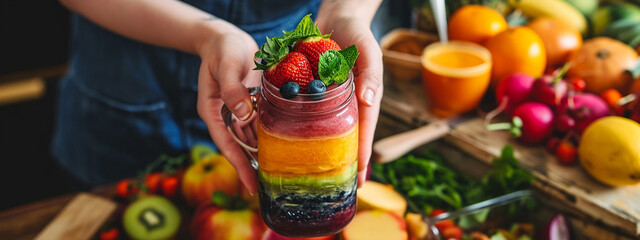 a woman holds a jar of fruit smoothie in her hands, on a background of fruits - obrazy, fototapety, plakaty