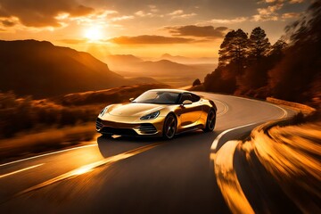 A car cruising on a winding road during sunset, with the warm golden hues of the sky reflecting off its sleek exterior.