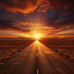 fotografia con detalle de carretera hacia un horizonte con puesta de sol - obrazy, fototapety, plakaty