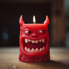 fotografia con detalle y textura de pequeña vela de color rojo con cara de demonio