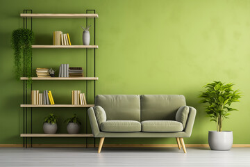 Aesthetic design of green sofa and minimalist chairs with spacious room and bookshelf. Scandinavian house interior design, modern living room with green plants. Comfortable home room design