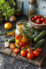 preservation of vegetables, a glass jar with vegetables. on a gray background