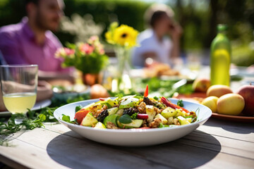 Dinner table with delicious healthy food, fresh vegetables and salads. Happy joyful people enjoying...