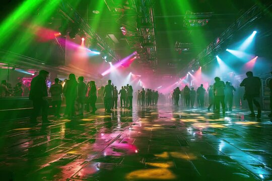 Animation of night club interior in neon lights .disco party 80s concept. High quality FullHD footage