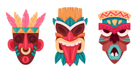 Wooden tiki masks. Cartoon ceremonial tiki totem masks, african or hawaiian idols flat vector illustration set. Ethnic tribal ritual masks