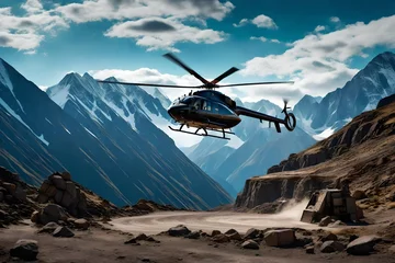 Fototapeten A cargo helicopter airlifting heavy machinery against the backdrop of a rugged mountain range. © Resonant Visions