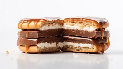 chocolate alfajor biscuit cookie with tempting caramel filling on a white base