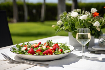 Delicious healthy food with fresh salad, fruits and vegetables, served on the table in the garden