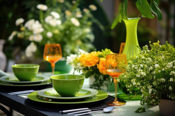 Festive dinner table setting with cutlery, wine glasses and flowers