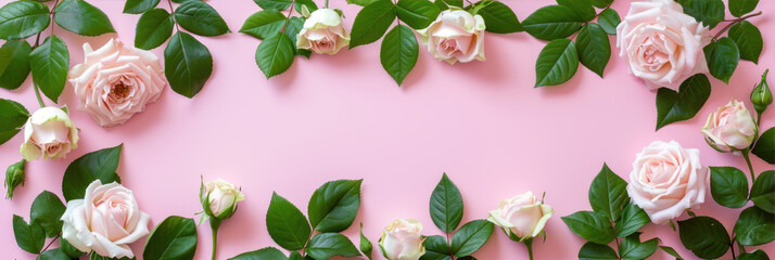 Frame of pink and white roses with green leaves on pink background.