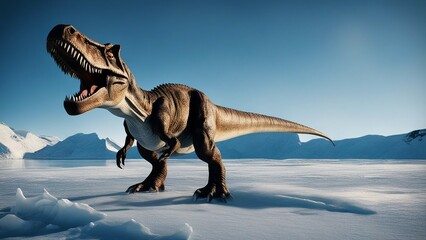 tyrannosaurus rex   A frozen world with a massive tyrannosaurus standing on a glacier. The dinosaur is scaly  