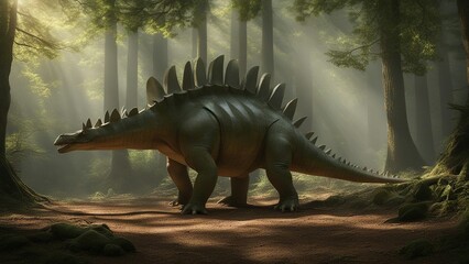  A descriptive scene with a stegosaurus walking through a forest. The stegosaurus is green and scaly