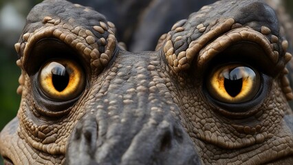 close up of a dinosaur eye Dinosaur eyes varied in size, shape, and color depending on the species and their lifestyle.   - obrazy, fototapety, plakaty