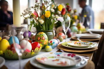 Obraz na płótnie Canvas Happy multi generational family having Easter dinner together, table setting with traditional food and spring flowers for Easter celebration