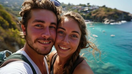 Happy Couple Taking Selfie On Sunny Coastal Vacation.