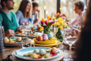 Happy multi generational family having Easter dinner together, table setting with traditional food and spring flowers for Easter celebration