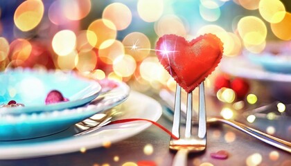 Festive table setting. Heart on a fork close-up. Vacation concept. Valentine's day.