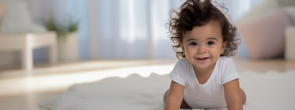 Little One Year Old Girl, Crawling Around The Living Room, Smiling And Happy Playing On The White Carpet. Generated By Artificial Intellig