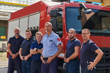 A skilled and dedicated professional firefighting team proudly poses in front of their state of the art firetruck, showcasing their modern equipment and commitment to ensuring public safety.