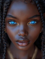 Portrait of a beautiful African girl, young black woman, beautiful well-groomed skin, national jewelry and blue eyes