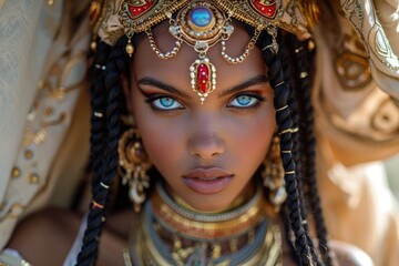 Portrait of a beautiful African girl, young black woman, beautiful well-groomed skin, national jewelry and blue eyes