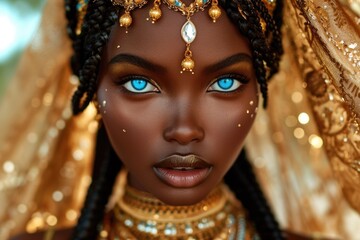 Portrait of a beautiful African girl, young black woman, beautiful well-groomed skin, national jewelry and blue eyes
