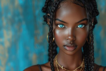 Portrait of a beautiful African girl, young black woman, beautiful well-groomed skin, national jewelry and blue eyes - Powered by Adobe