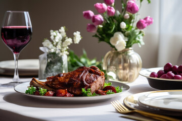 Table setting with roasted lamb, salad and vegetables 