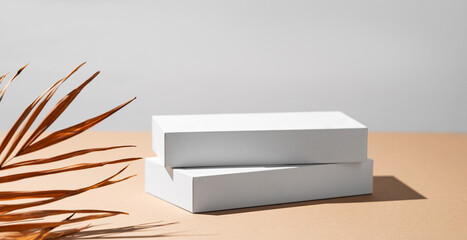Empty podium for product. Minimal two white boxes on a beige background with palm leaf.