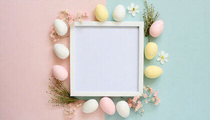 Naklejka na ściany i meble Easter background with pastel colored eggs, flowers and blank white frame. Flat lay, top view