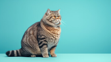 Fat British cat sits on blue background, puts its paw funny and looks ahead with big yellow eyes. Obesity in cats, overweight in animals.