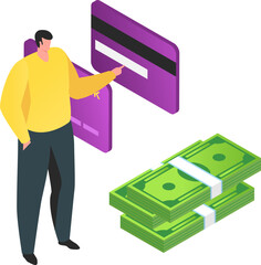 Man holding credit card near stacks of money, online payment concept, digital transaction. Banking technology, finance management vector illustration.
