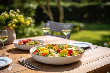 Delicious healthy food with fresh salad, fruits and vegetables, served on the table in the garden - obrazy, fototapety, plakaty