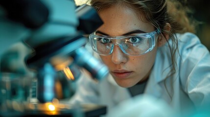 Young researcher examining samples in a lab, symbolizing medical research and discovery.