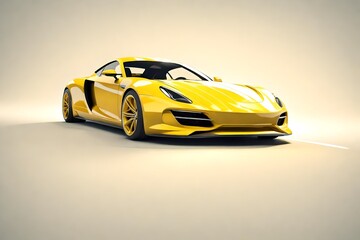A 3D rendering of a bright yellow car, impeccably isolated against a pristine white background,...