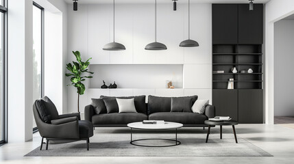 Interior Minimalist home, sofa and decoration living room, black, white and gray tones colour.