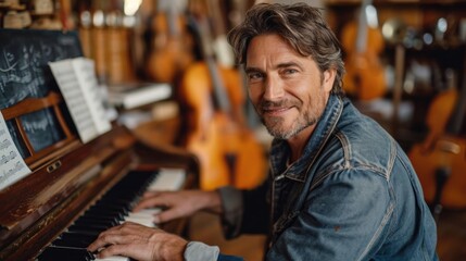 Talented music teacher playing piano, showcasing musical education and passion.