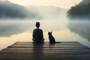 a woman meditates on a wooden dock at a lake. - obrazy, fototapety, plakaty