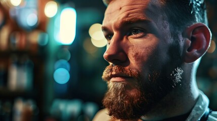 handsome brutal barber portrait in barbershop.