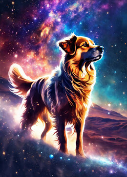Cachorro cósmico, com estampas estelares no pelo, correndo pelas estrelas e deixando rastros de brilho no espaço
