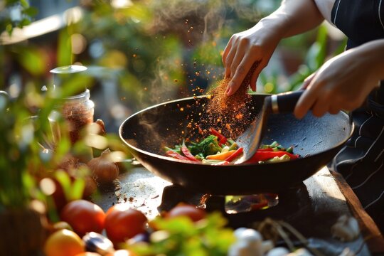 a woman adding spices onto a wok and cooking vegetables.