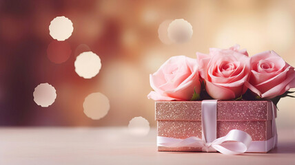 Ribboned Pink Box with Flowers. Symbolizing Affection on Valentine's.