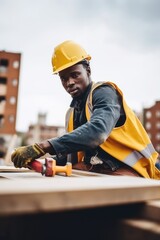 shot of a young man working with construction materials on a building site - obrazy, fototapety, plakaty