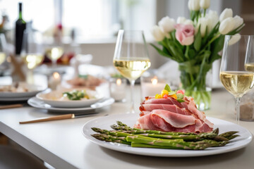 Table setting with meat and vegetables, grilled asparagus and ham - obrazy, fototapety, plakaty