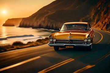 A nostalgic scene of a retro car driving along a coastal highway, with the sun setting over the ocean, casting a warm glow.