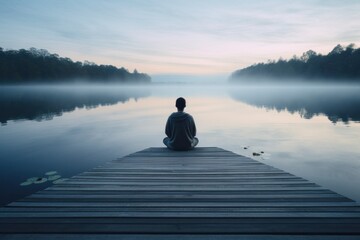 person meditating on a dock by a lake. - obrazy, fototapety, plakaty